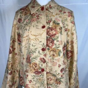 Coldwater Creek Tan Floral Button Up Roses Sweater Cottagecore Cardigan Size M